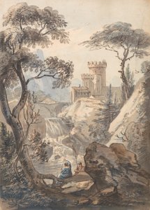 城、カスケード、釣り人のいるイタリアンの風景 作： Paul Sandby